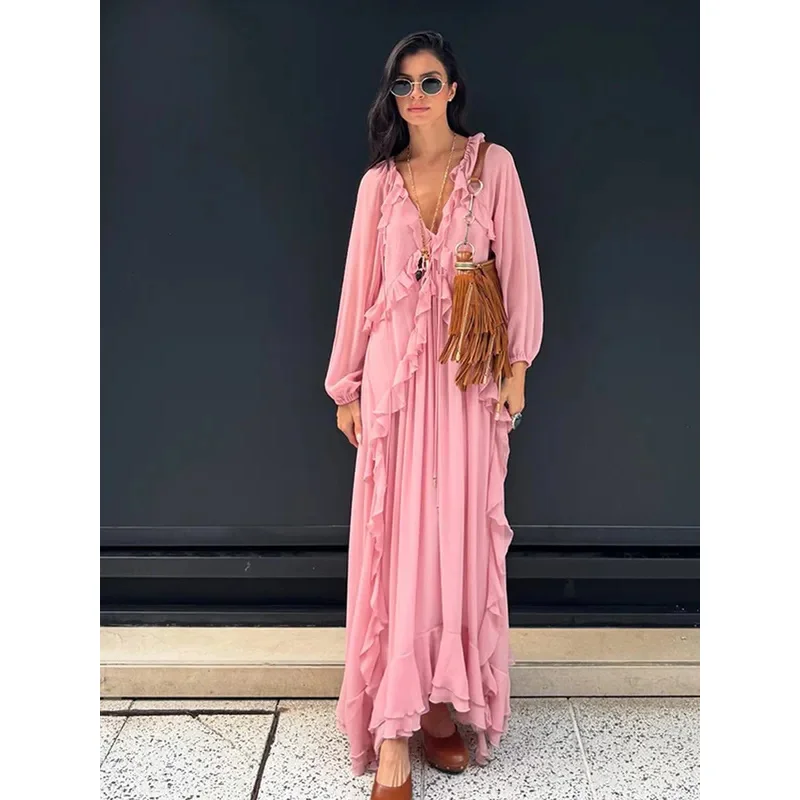 

Elegant Solid Multiple Ruffles Full Sleeve Robes Chic Loose V-Neck Lace Trim Pleated Dresses New Lady Summer