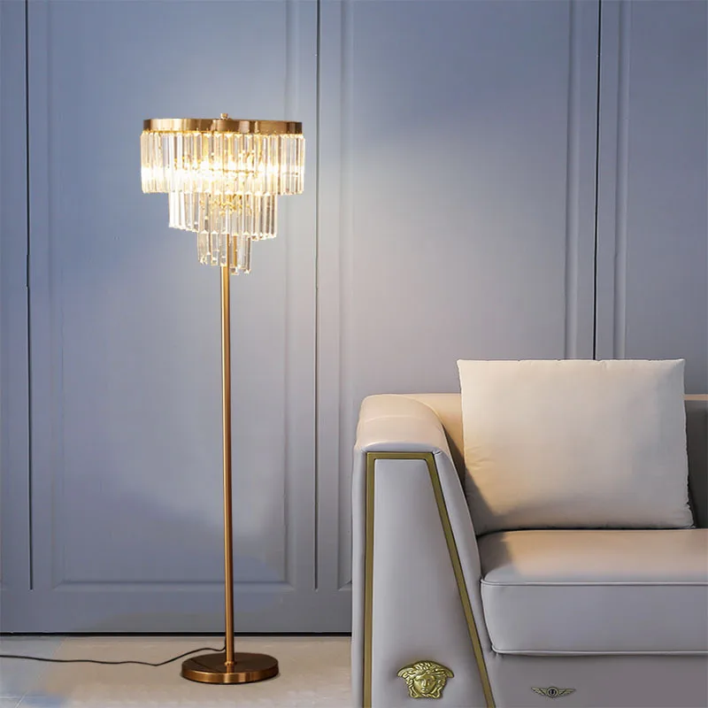 American Luxury Floor Lamp Designer Crystal LED Standing Light Living Room Sofa Bedroom Headboard
