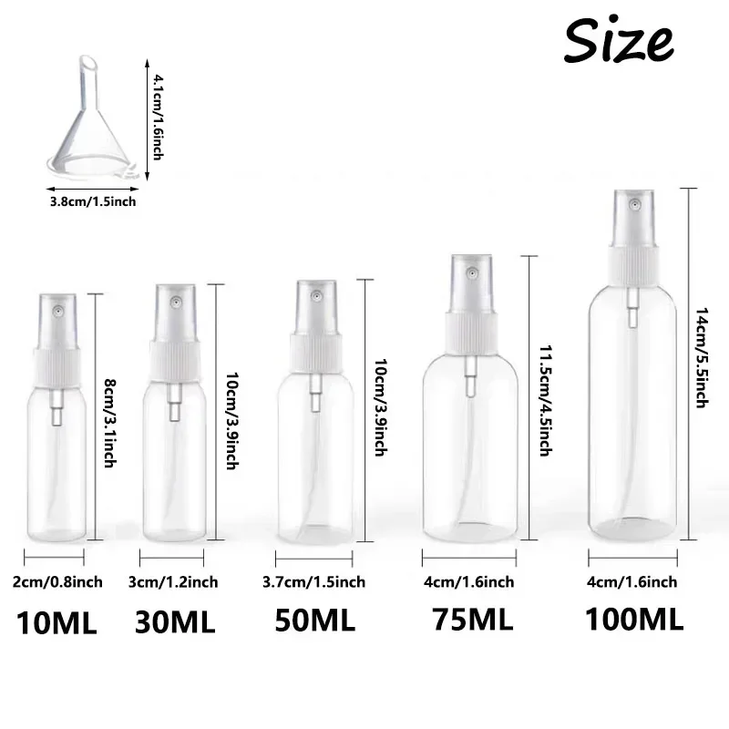 50 unids/lote 10-100ml botella de Spray transparente con embudo botellas de muestra de Perfume portátiles envases de agua cosméticos atomizador