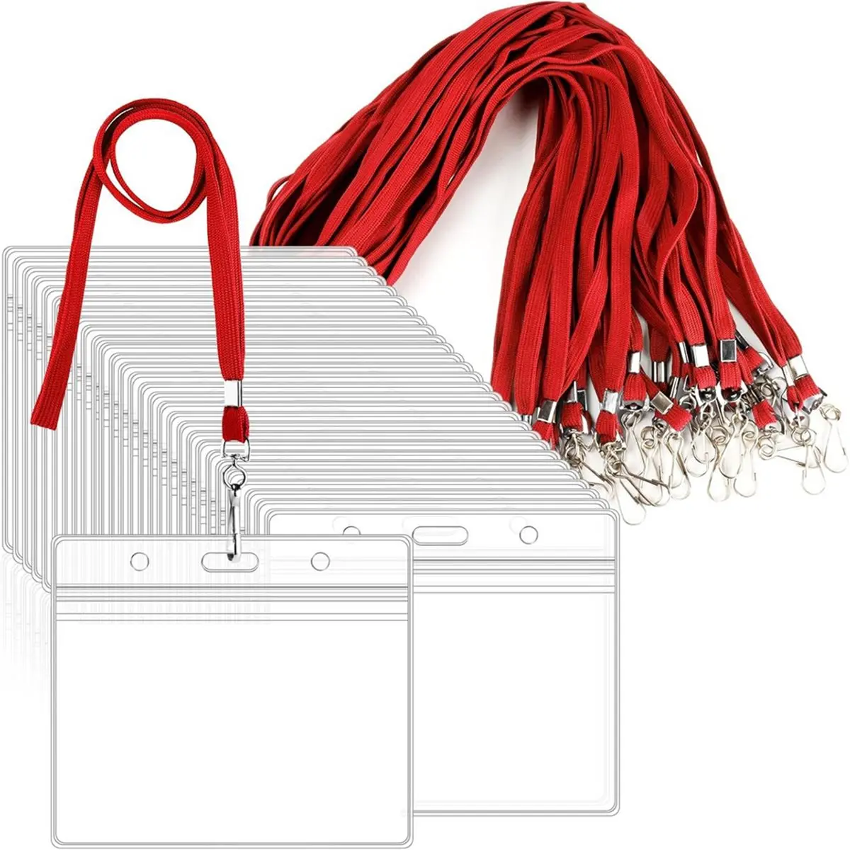 NOCM 20pcs Clear Plastic Horizontal Name ID Holders and Red Lanyards, Suitable for Offices, Schools, Work Volunteers, Red
