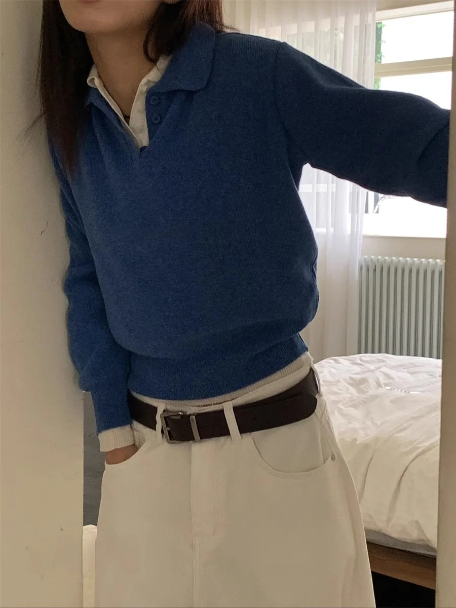 

Классический свободный крой с воротником, повседневный вязаный свитер, цветной ретро уличный женский топ премиум-класса Quali Long Sve