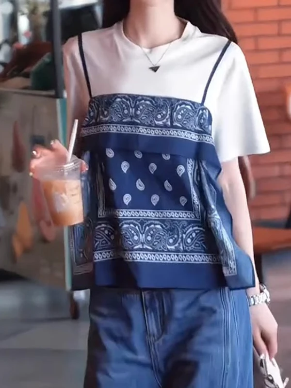Large Size Korean Retro Print Patchwork Fake Two-Piece Top Women Summer New Loose Slimming Trendy Belly Covering Top