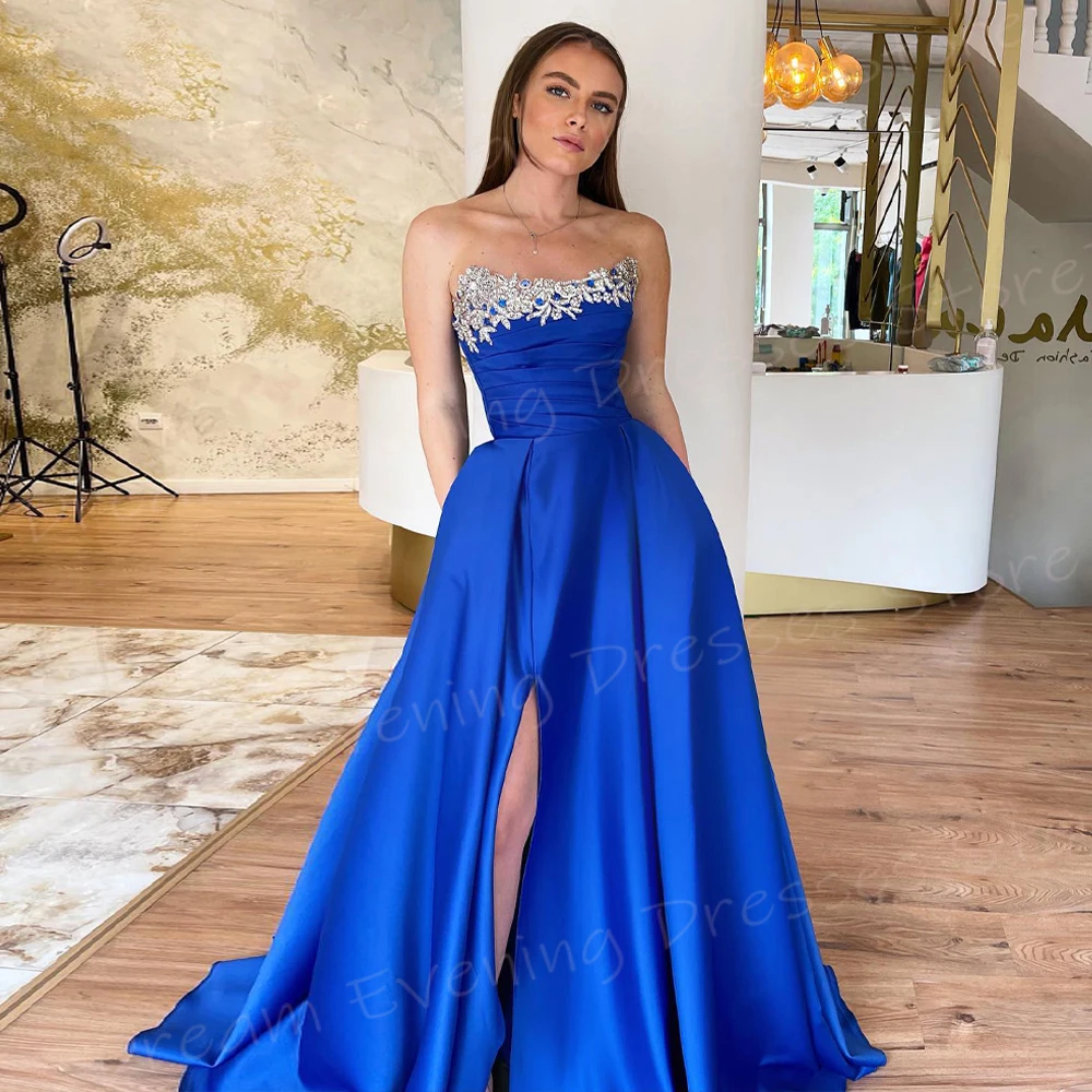 Elegant Blue A Line Women's Evening Dresses Charming Strapless Sleeveless Prom Gowns Side Split Beaded Ruched Vestido De Noche