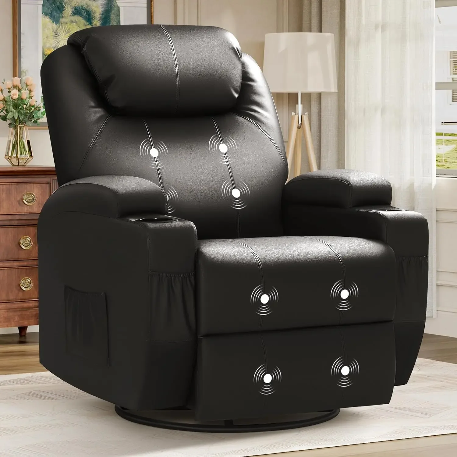 Recliner Chair, Rocking Massage Chairs, Home Reclining Sofa Chair, PU Leather, Ergonomic Living Room Chair with Cup Holders, Rem