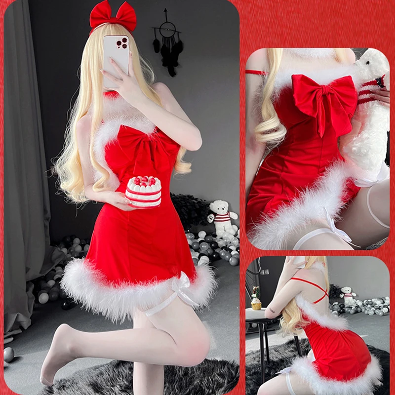 Costume de Cosplay de Noël Rouge pour Femme, Lingerie Sexy, Robe en Peluche du Père Noël, Kawaii, Nministériels d sur la Hanche, Jupe Ronde, Uniforme de Tentation, Nouvelle Collection