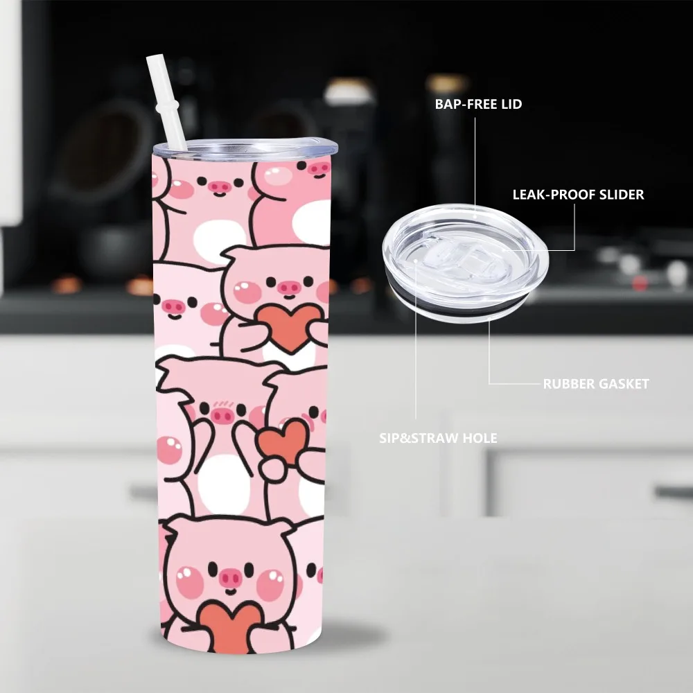 Cute Pink Pig Print Thermos Cup With Lid and Straw 20 oz Tumbler Vacuum Cups Water Bottle Coffee Cups Travel Mug Gifts Women