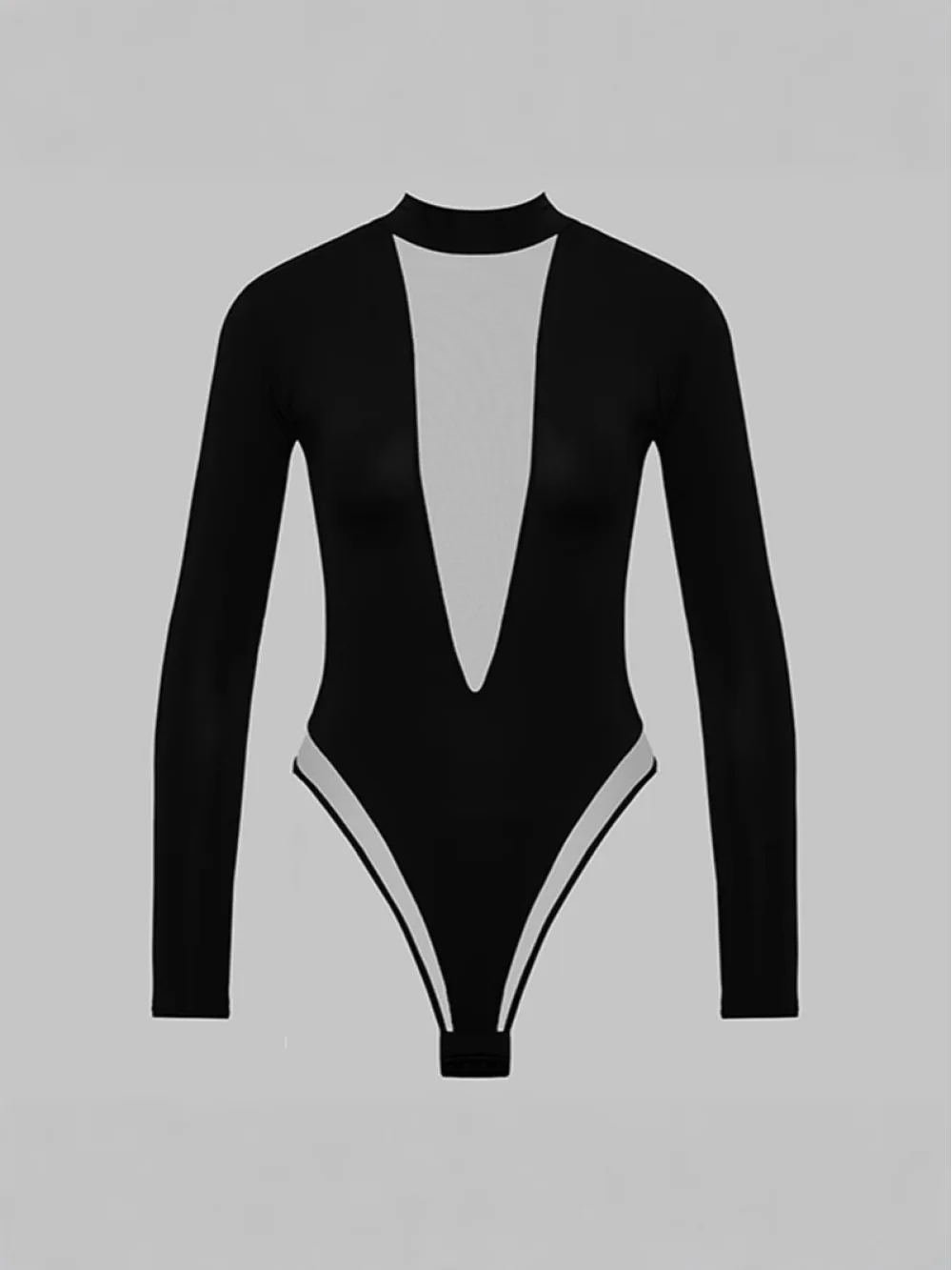 春夏新作セクシーディープVボディスーツ、シアーメッシュパッチワークロングスリーブ、ホットガールアウターウェア＆レイヤリングトップピュアディザイアニッチ