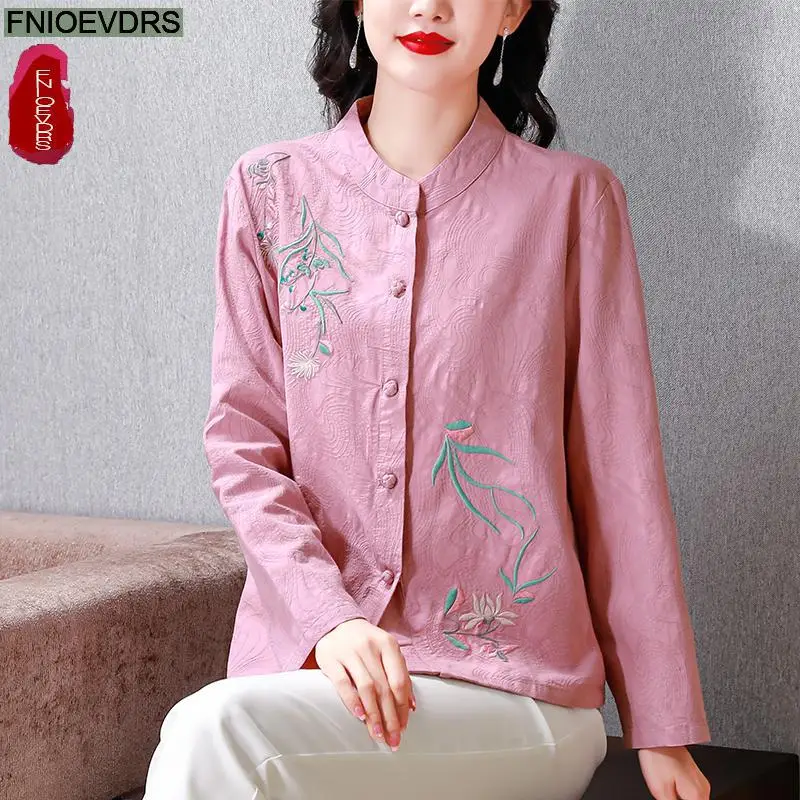 M-4XL Cotton Linen Shirts New Design 2024 Women Feminine Casual Loose Single-Breasted Button Retro Vintage Flower Embroidery Top