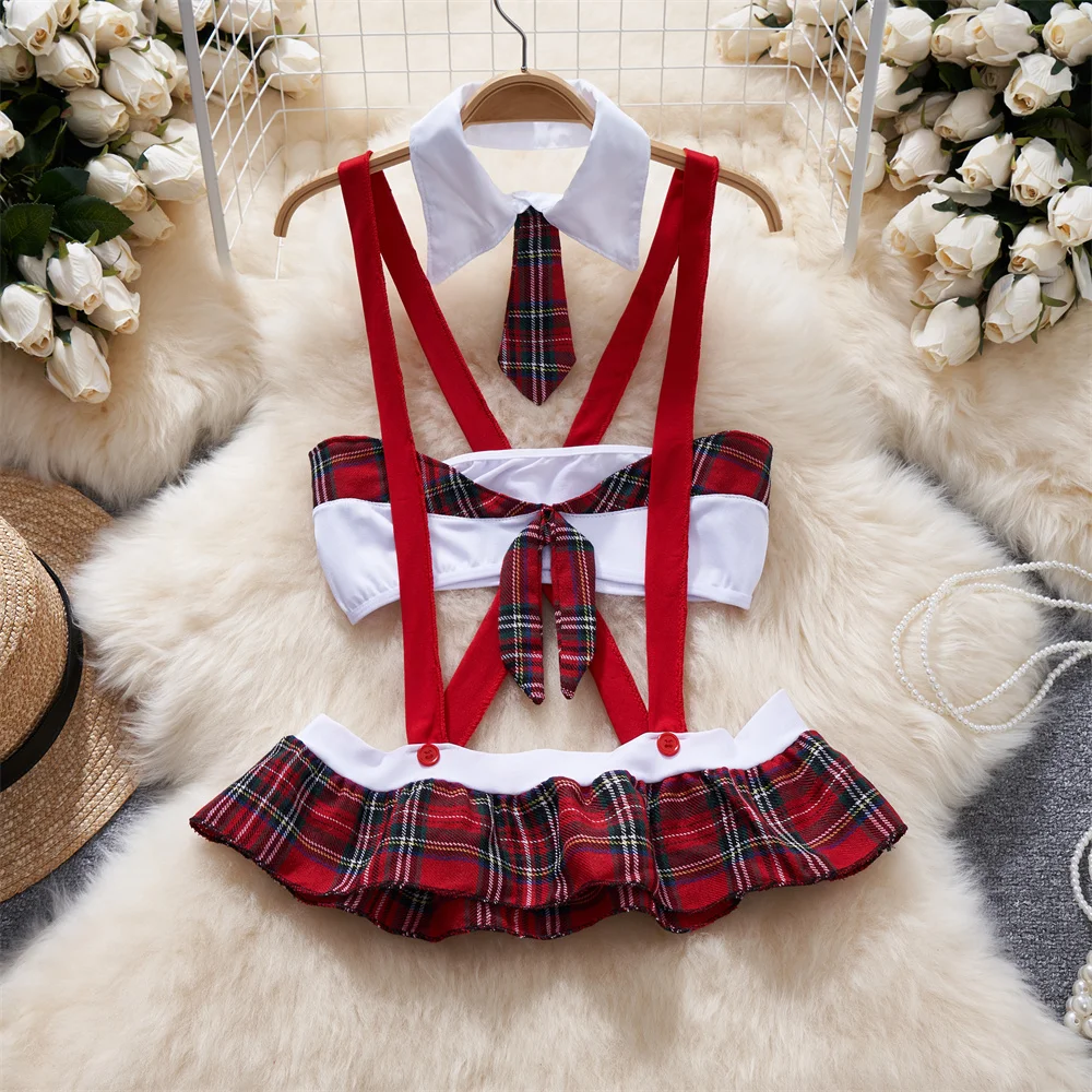 Sexy Student Cosplay Erotic Lingerie Set Hollow Cross Strap Hotsweet Top And Mini Pleat Skirt Japan Plaid Women Uniform Pajamas