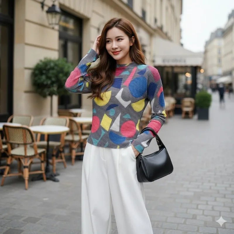 

Miyake Pleated Plisse T-shirt 2026 Spring New Geometric Print Bottoming Shirt Corn Grain Pleats Slim Casual Fold T-shirt Tops