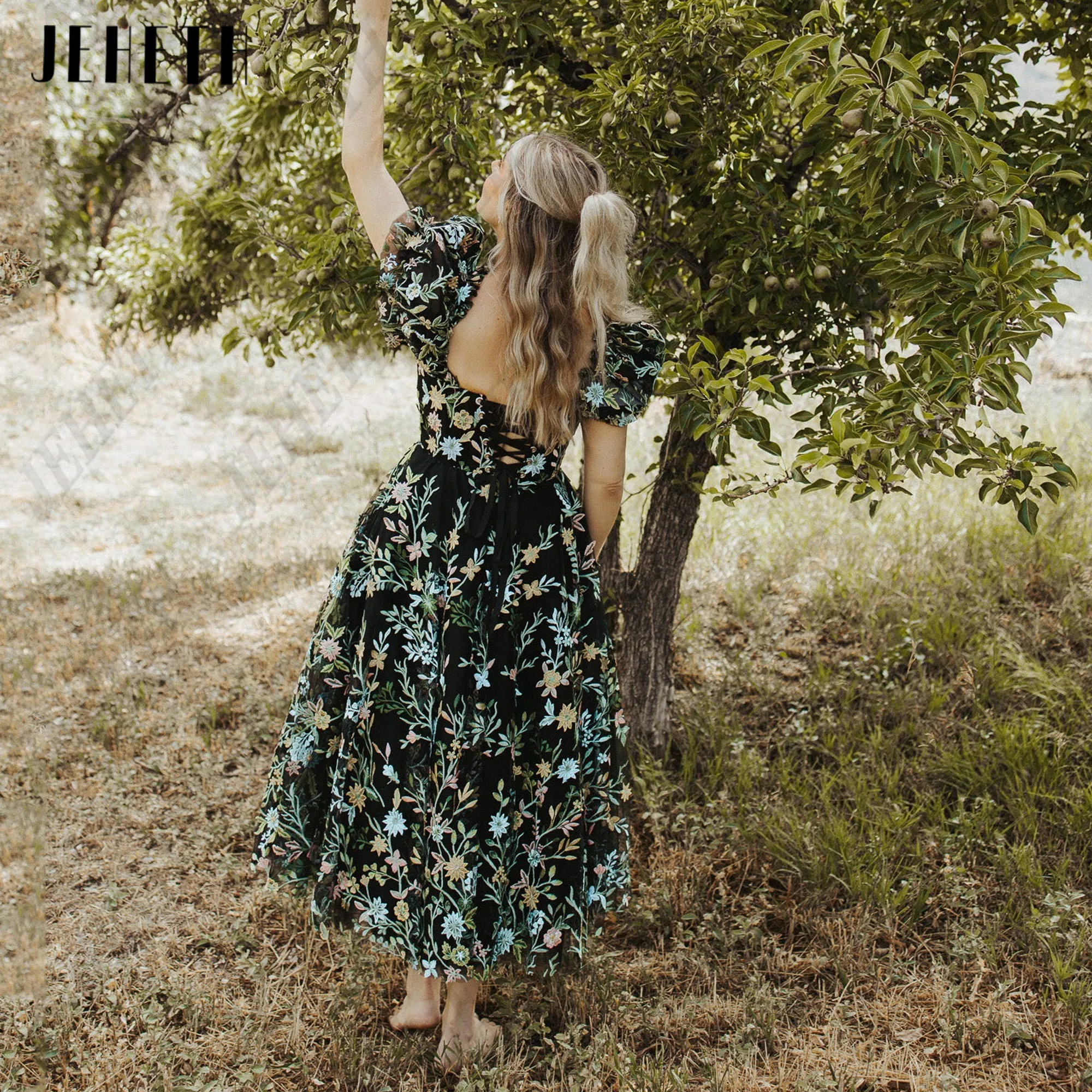 JEHETH Embroidery Lace Evening Party Gowns Square Collar Flowers Corset Prom Dress Puff Sleeve vestidos de ocasião Customized