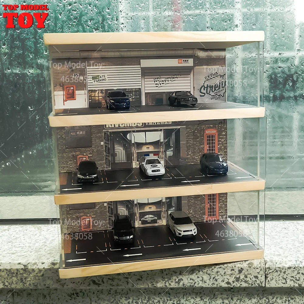 1/64 Scale Three Story Parking Lot Model Simulated Car Garage Scene Assembly Display Box Mini House Props for Fan Storage