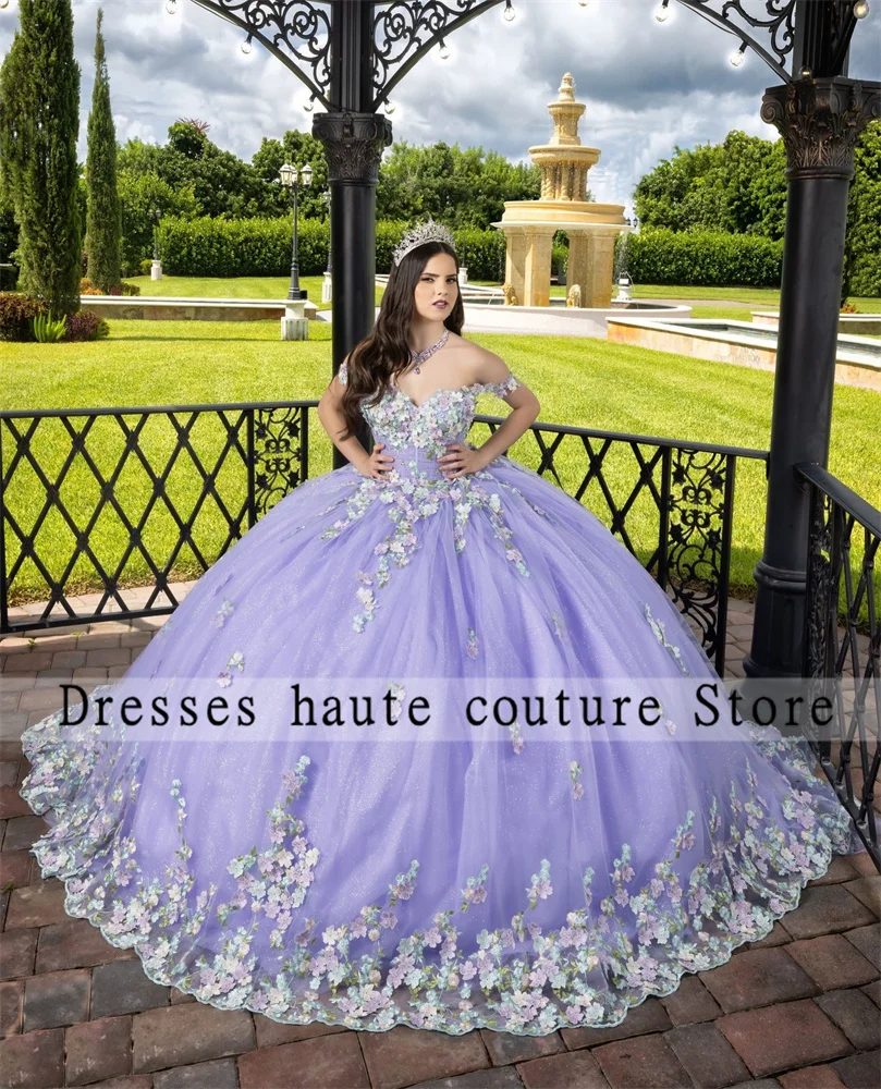 فستان حفلة Quinceanera مزين بالدانتيل الأرجواني ، مكشوف الكتفين ، زهور جميلة ، 15 فستان