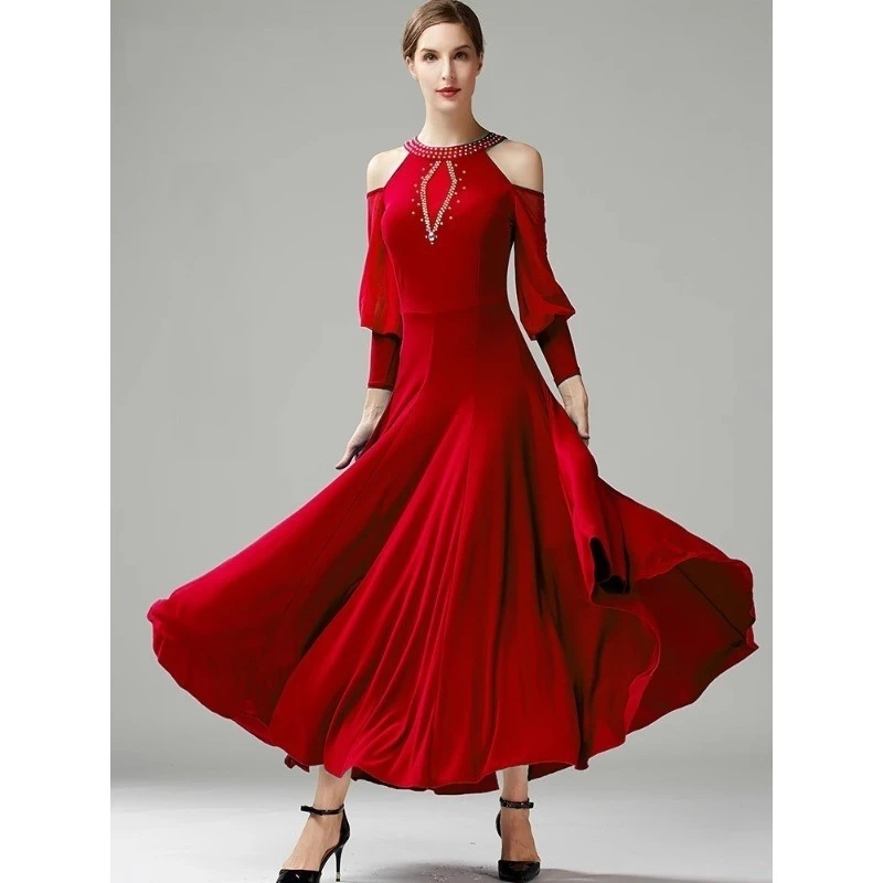 Adult Off-Shoulder Ballroom Dance Dresses Elegant Lantern Sleeve Waltz Dance Stage Costume Standard Tango Practice Wear