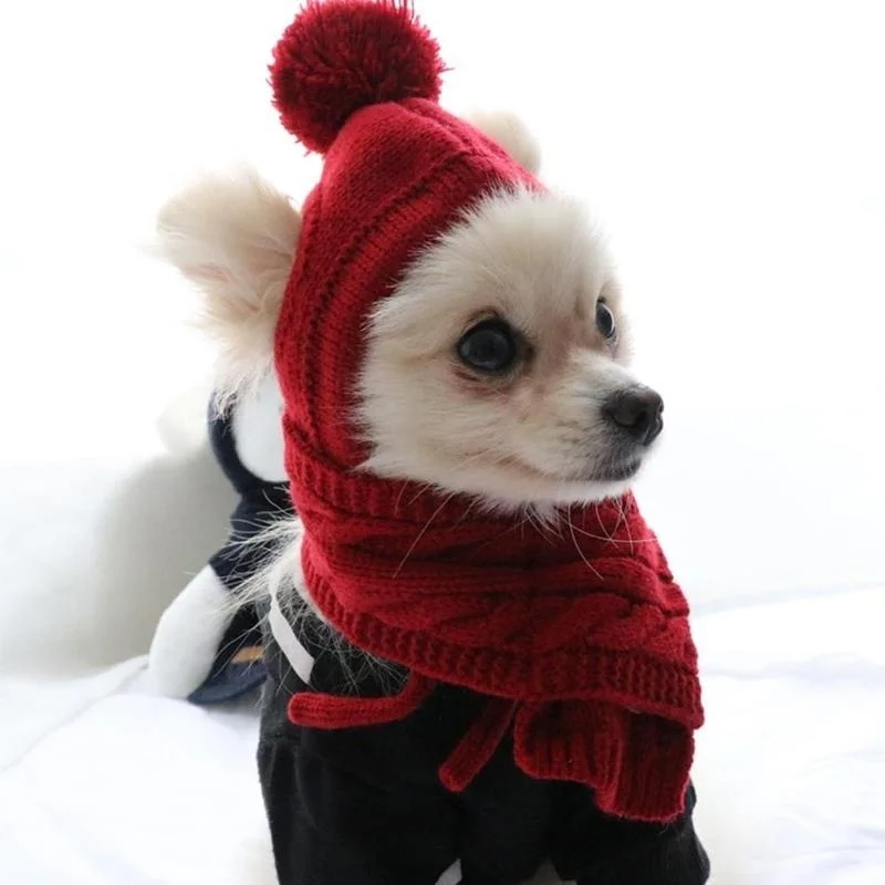 Dogs Hat Pet Winter Warm Stripes Knitted Hat+Scarf Collar Puppy Teddy Costume Christmas Clothes Santa Dog Costumes Accessories