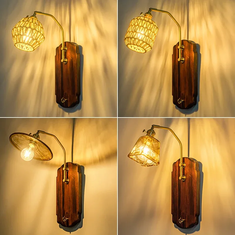 French retro wood wall lamp, literary walnut color bed and breakfast background wall study bedside