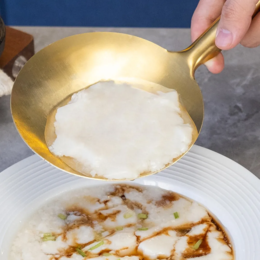 Cuchara para tofu plana de cobre macizo, diseño grande y poco profundo, mango corto ergonómico, cuchara de cocina para tofu, pudín, arroz y otros alimentos.