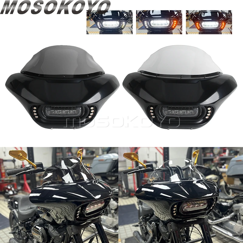 

Club Style Front Headlight Fairing Cowl Windshield w/ LED Light Turn Signals Lamp For Harley Softail Fat Bob FXFB FXFBS 2018-24