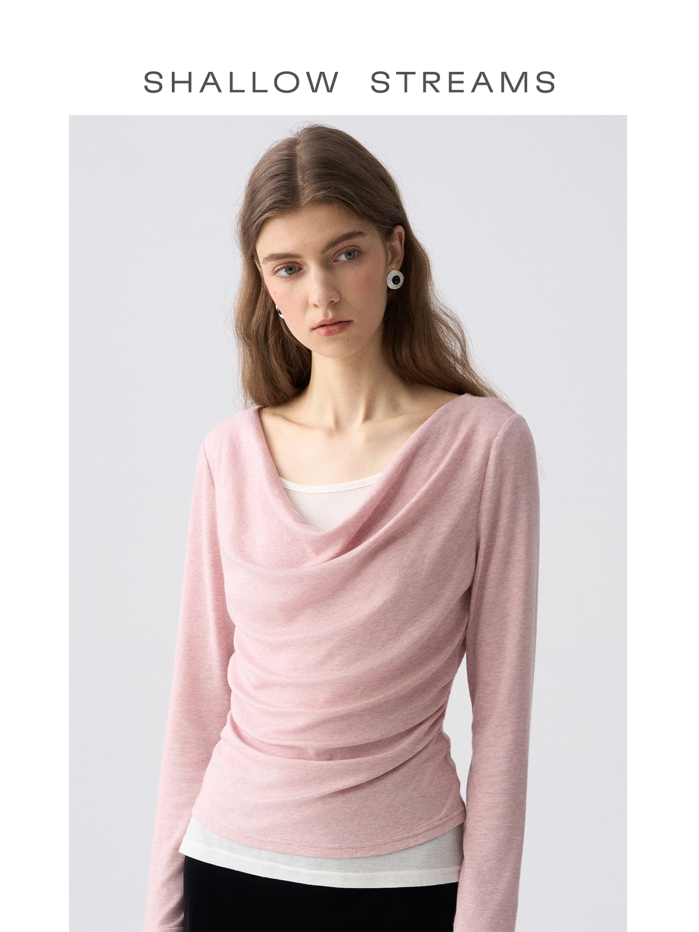 

Shallow Streams Healing Color Block Long Sleeve Women's T-Shirt Wool Lyocell Blend Casual Fit Autumn Top Elegant Neckline