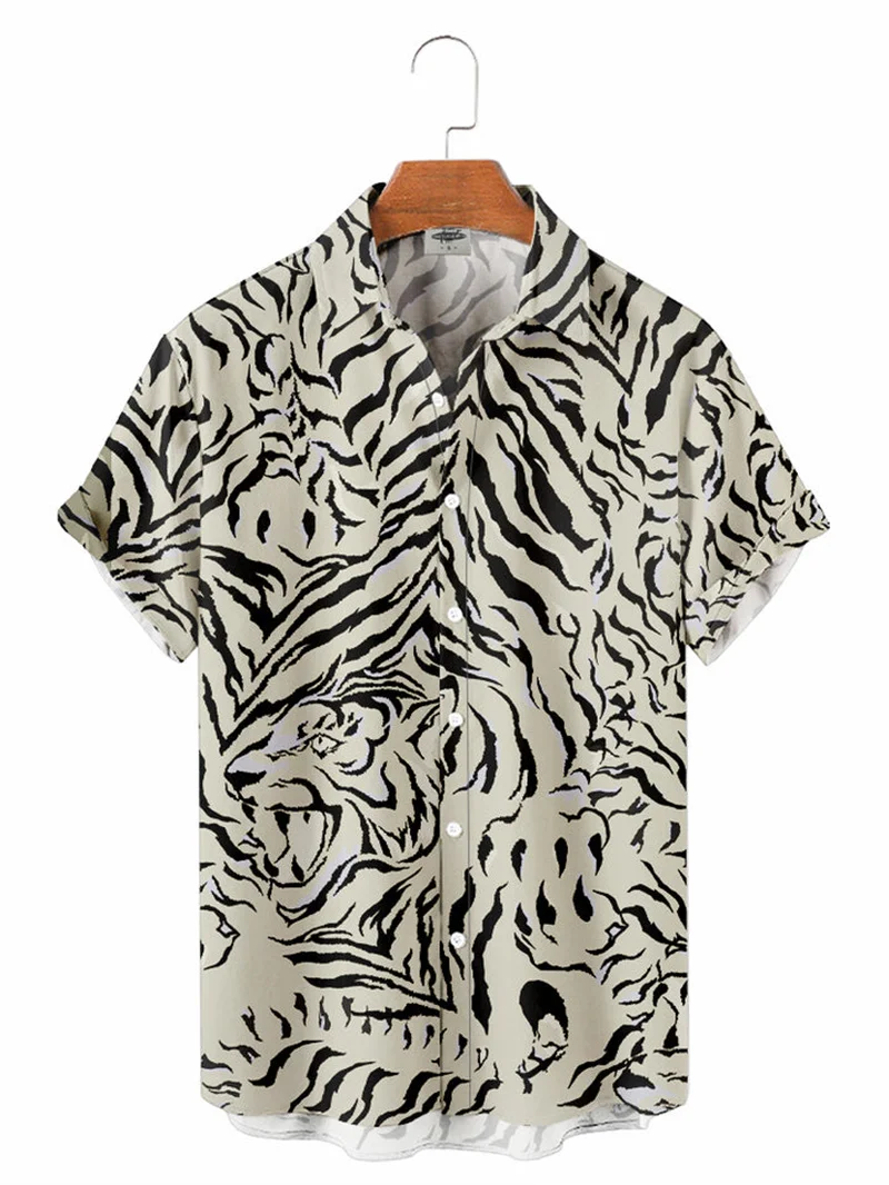 

Cool and fashionable tiger stripe minimalist printing fashion illustration art hot selling 2024 Hawaiian shirt men's button up s