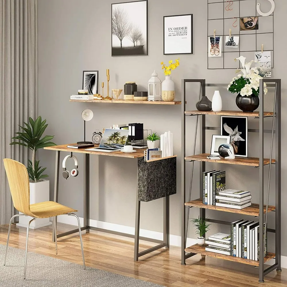 Assembly free folding bookshelf with 4 layers of retro multifunctional storage rack, home office bookshelf (fire board)