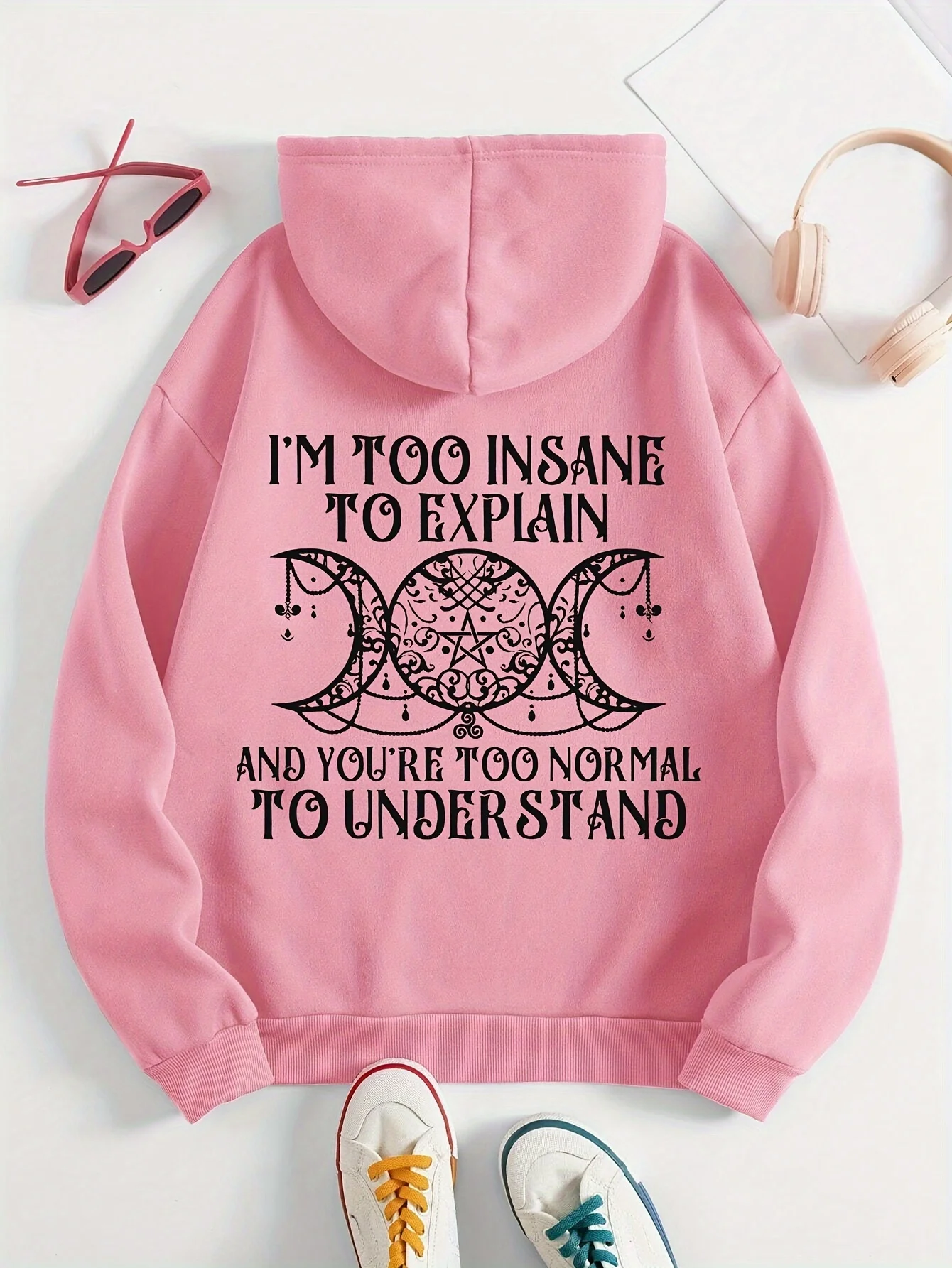 Talla grande: sudaderas con capucha con patrón de eslogan de dos círculos y medio círculo |   Estilo casual, cuello con capucha, tela ligera elástica, temporada otoño/invierno, Pul