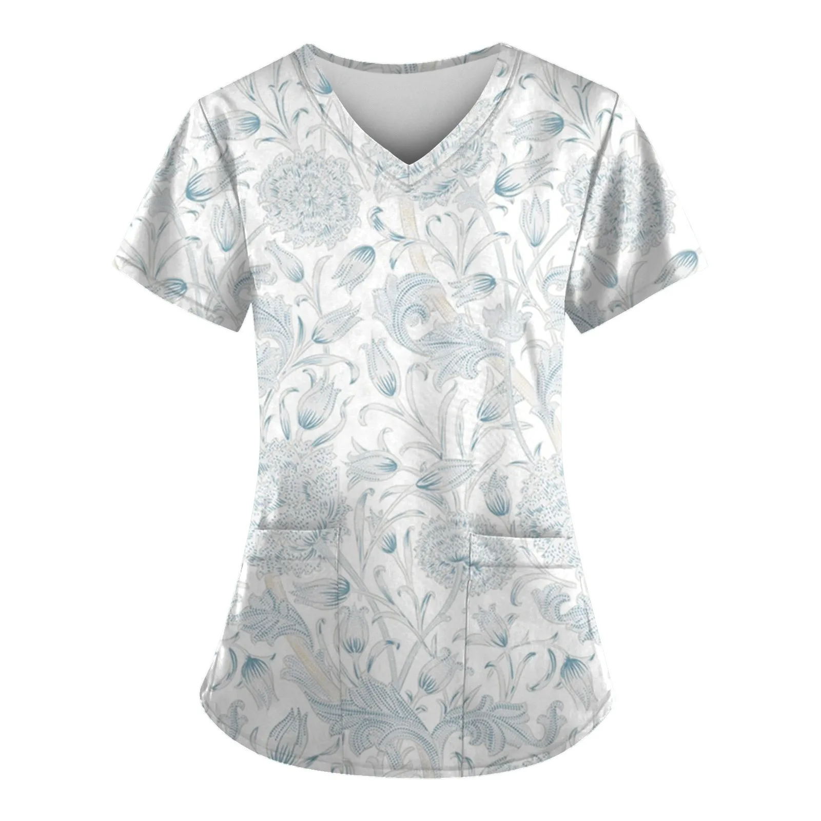 Uniformes de trabajo de enfermera para Mujer, camiseta de bolsillo, ropa de trabajo, Tops con cuello en V para Mujer, Blusa estampada de manga corta para Hospital, 2023