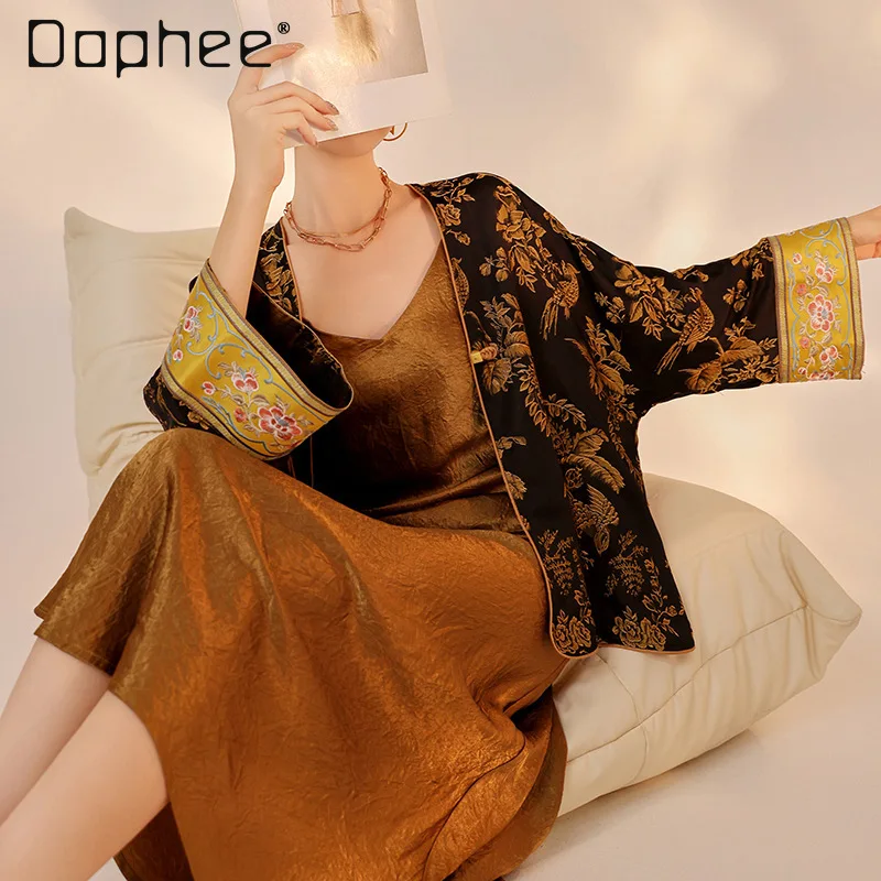 Retro Chinese Style Heavy Embroidery Floral High-End Jacket Loose V-Neck Patchwork Color Long Sleeve Light Luxury Loose Jackets