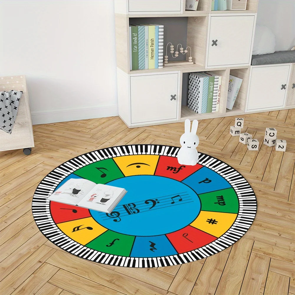 Piano Keyboard Music Note Educational Round Colorful Chord Circle Flannel Carpet For Music Room Kids Learning Instrument Themed