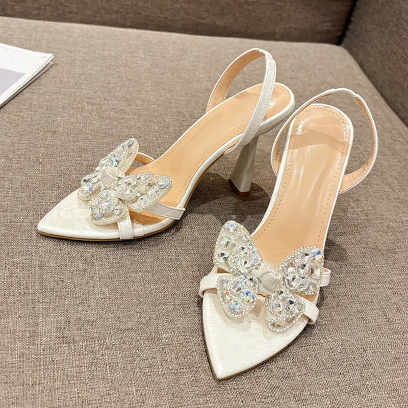 Liyke Size 35-41 Sexy Slingback Sandals Women Back Strap High Heels Summer Fashion Crystal Diamond Pointed Toe Wedding Prom Shoe