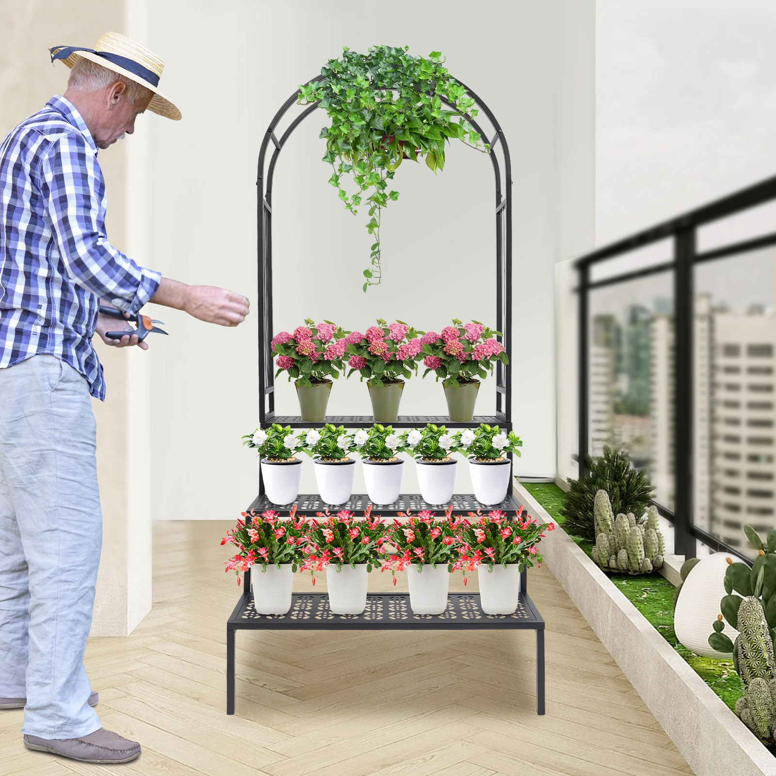 حامل نباتي من 3 طبقات مع حامل وعاء زهور على شكل قوس للحديقة رف عرض رف عرض أربور للحديقة لنباتات التسلق في الداخل/الخارج #4