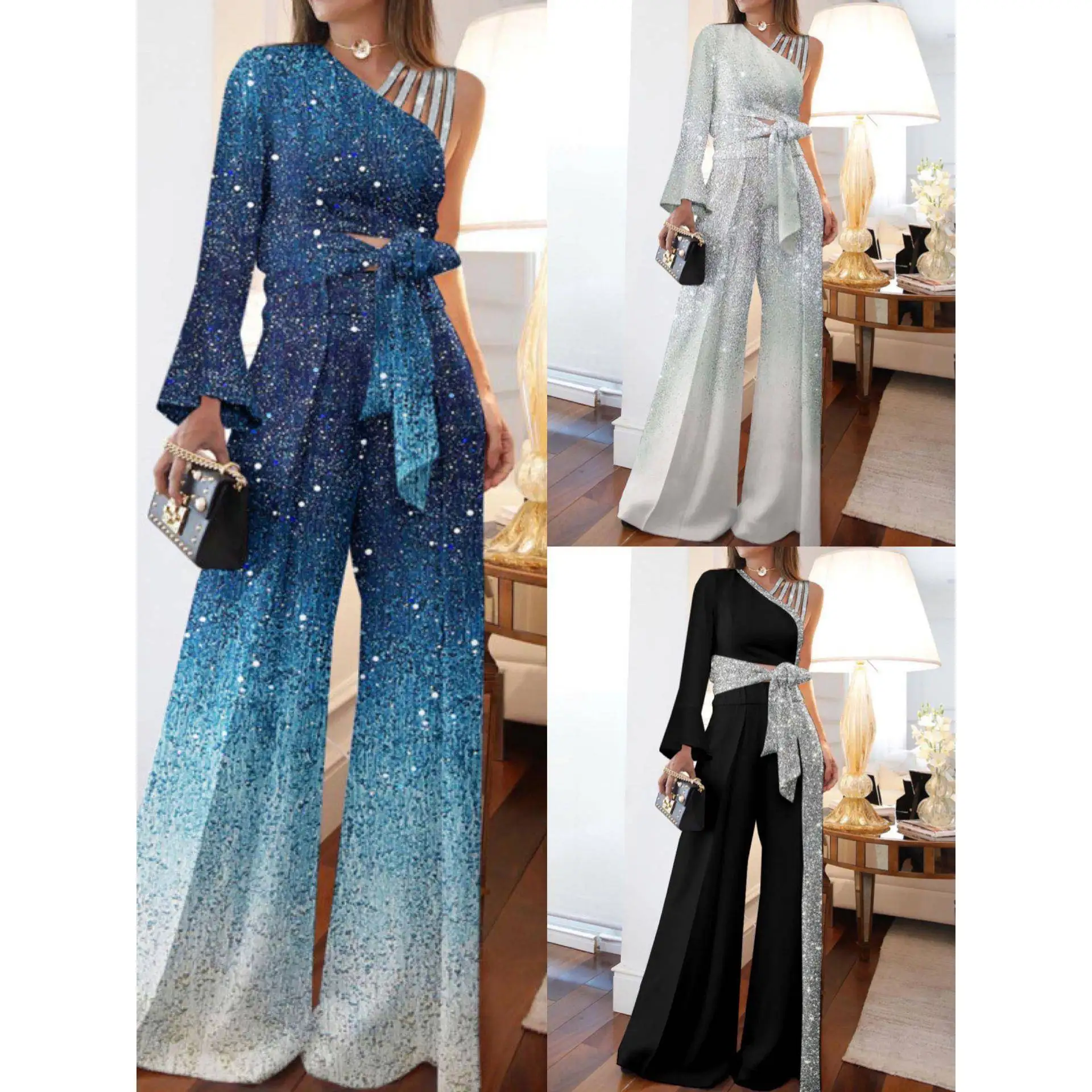  New High Waist Wide Leg  Women's Long Sleeve Single Shoulder Flashy Commute Style Polyester Jumpsuit