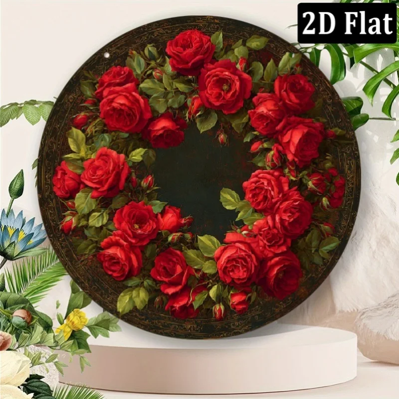 Vintage Red Rose Metal Wall Sign 8x8 Inch, Rustic Garden Porch Decor for Home