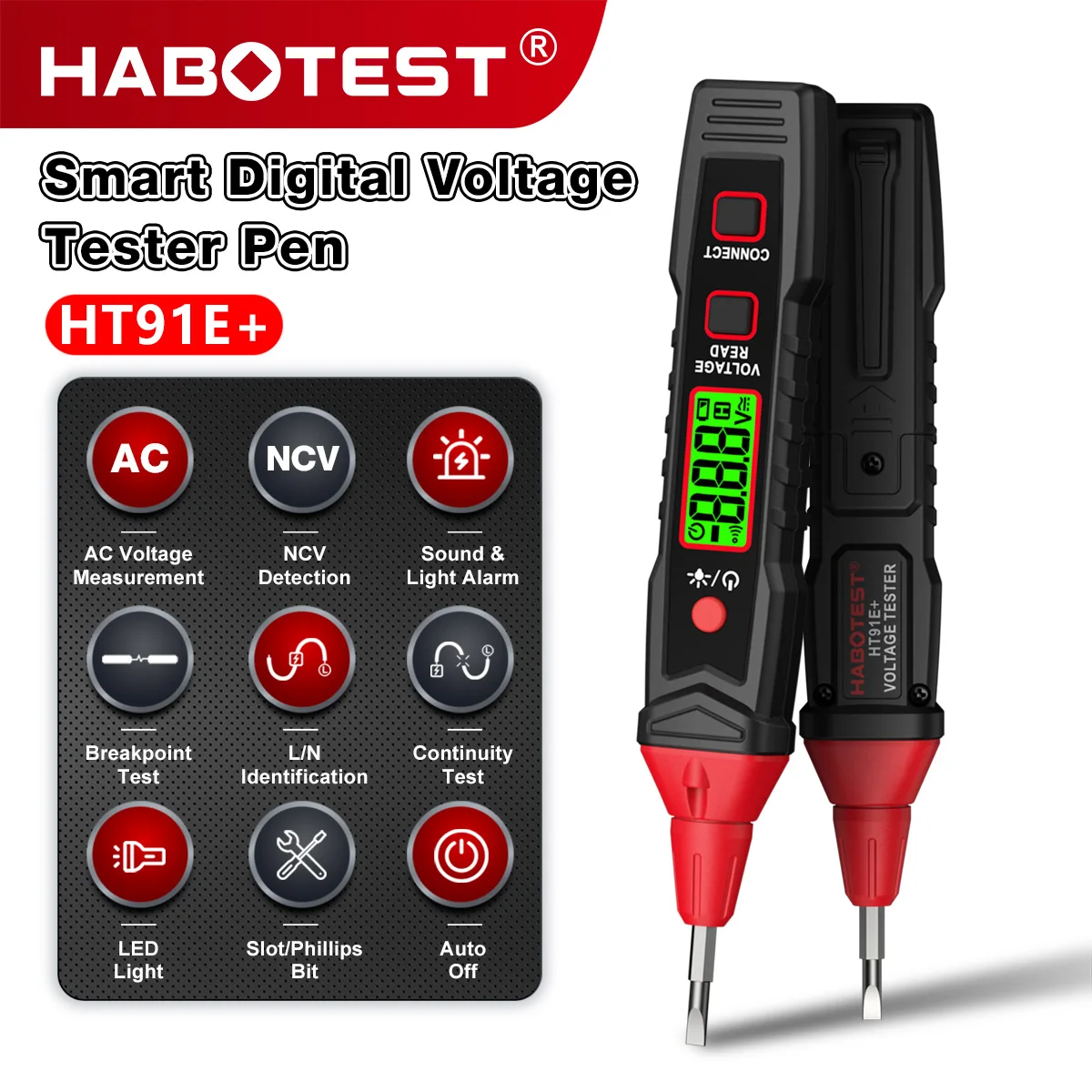 HABOTEST HT91E+ Test Pencil Smart Digital Non-Contact Voltage Tester Pen Slotted/Phillips Screwdriver Bit