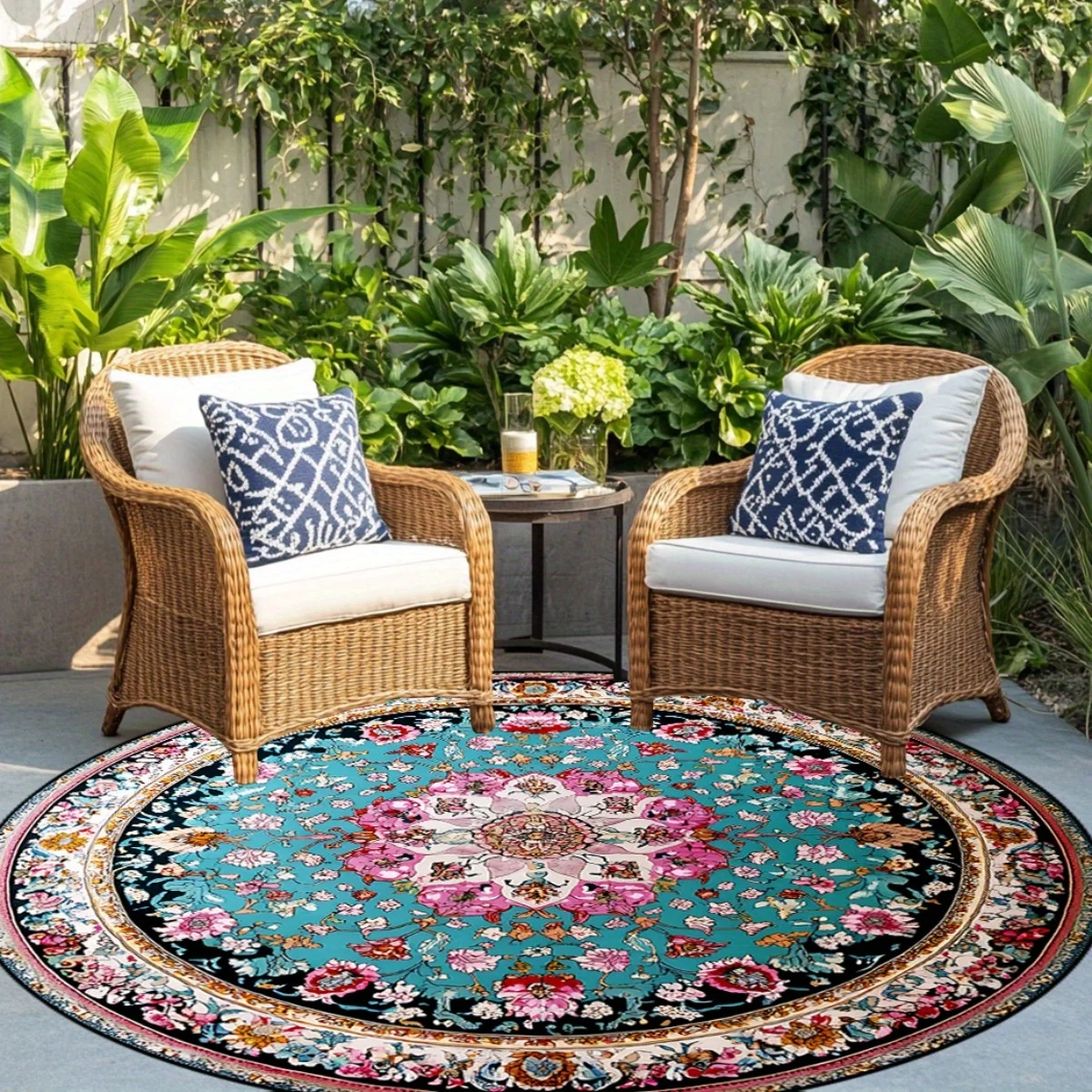 Large Round Floral Pattern Area Rug Outdoor Patio Turkish Bohemian Style Indoor Living Room Carpet Home Decor Mat