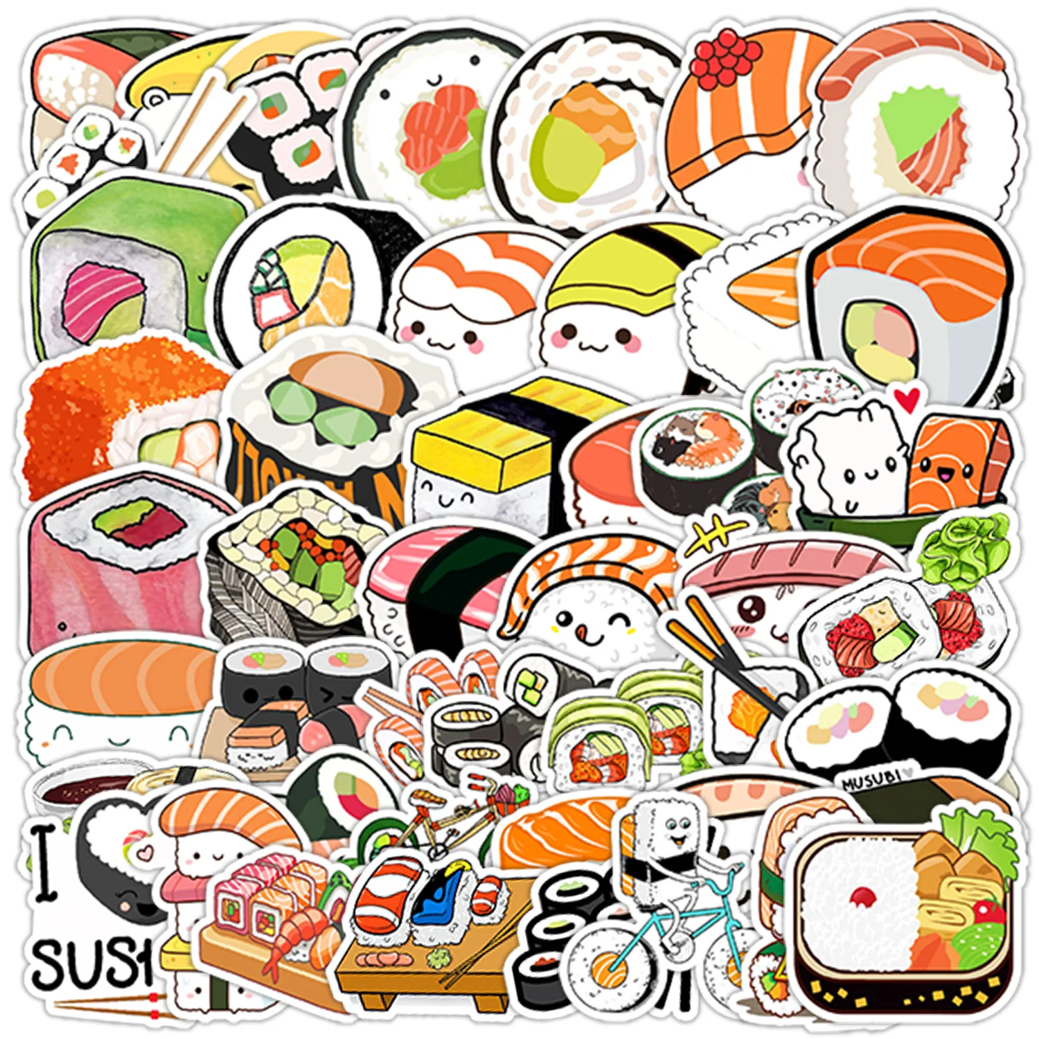 

10/50PCS cute small sushi Japanese sushi decorate car mobile phone water cup suitcase notebook sticker waterproof Kids Toy