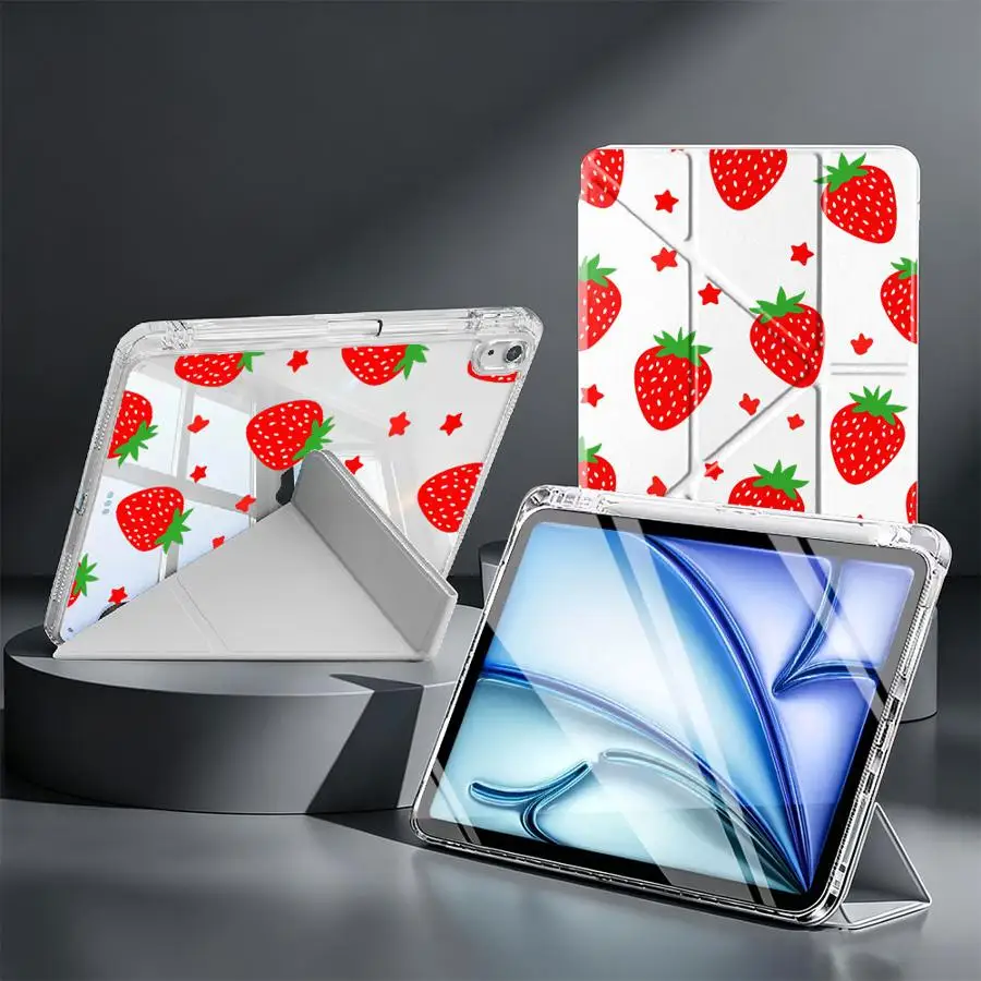 Cartoon Strawberry Pattern With Pen Slot Cover Tablet Case For iPad 12th Pro 13 2025 2026 9th Mini 7 6 5 10th Gen Air 8 M2 M3 3