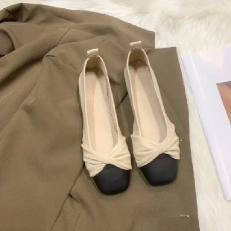 

2024 Lady's Color-Block Classic Tweed Apricot Soft Leather Flats Versatile Round Toe Shallow Bow Single Shoe Women