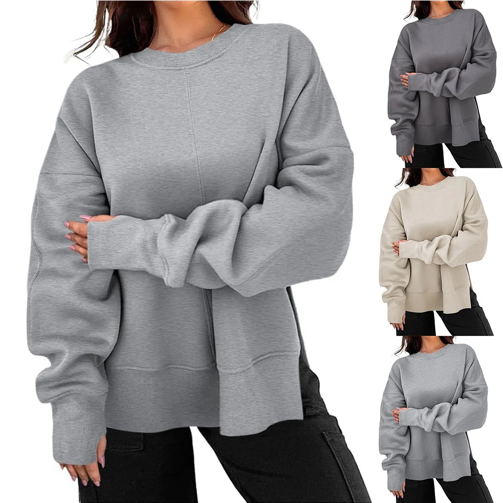 Women Loose Sweatshirt Casual Round Neck Long Sleeve Sweatshirts Spring Autumn Daily Basic Solid Color All-Match Pullovers