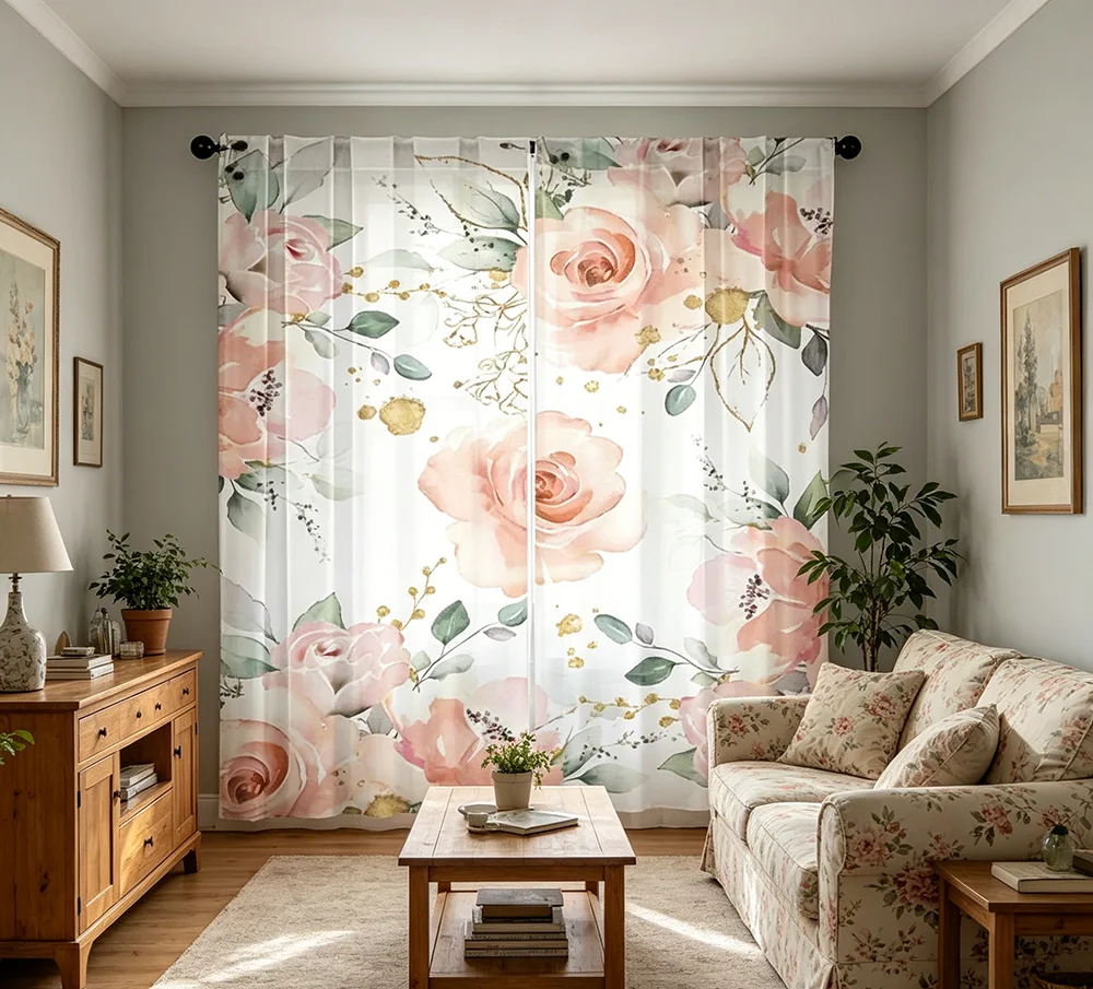 2PCS Digital Printed Sheer Curtain, Peach Rose Flower Print, Soft Romantic Pastel Floral for Living Room Bedroom Home Decor