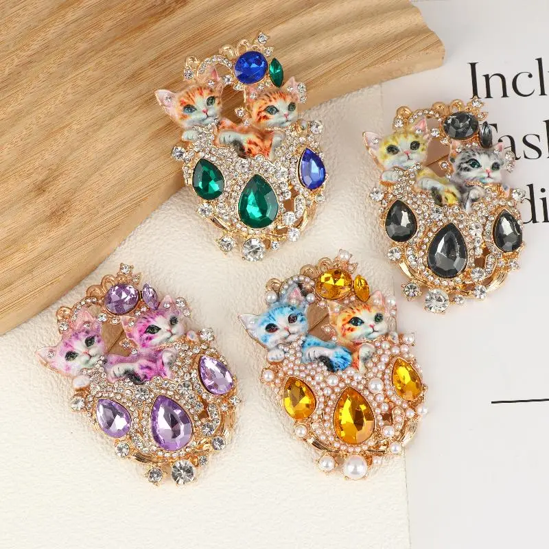 مجموعة بروش مجوهرات باروكية عتيقة مع تصميم قطة مزدوجة للنساء، زينة أنيقة من حجر الراين، ملابس يومية مثالية أو هدية