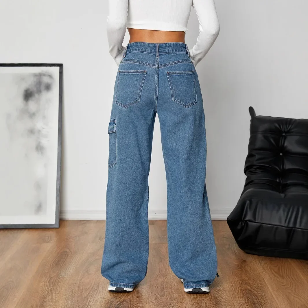 Dżinsy Damskie Denim Proste Szerokie Nogawki Spodnie 2025 Streetwear Guziki Kieszenie Średni Stan Sznurowane Kokarda Sprane Postarzane Spodnie