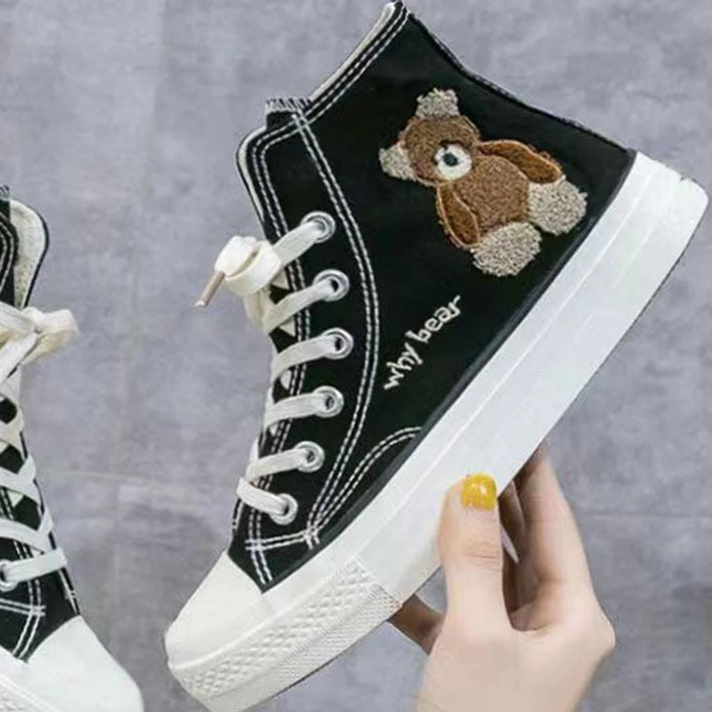 2023 Spring and Autumn New Little Bear Girl Breathable High Top Canvas Versatile Board Shoes