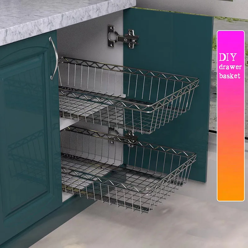 DIY Cupboard Drawer Basket Kitchen Storage Shelf Organizer Sliding Cabinet Pull Out Stainlesssteel Basket Drawer Type Mesh Baske