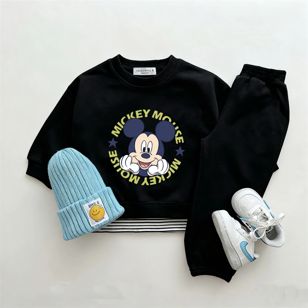 2 3 4 5 6 سنوات ملابس أطفال أسود رقبة مستديرة هوديس فضفاض السراويل الرياضية مجموعات الأولاد نمط جديد الكرتون البلوفرات Sweatpants سوداء