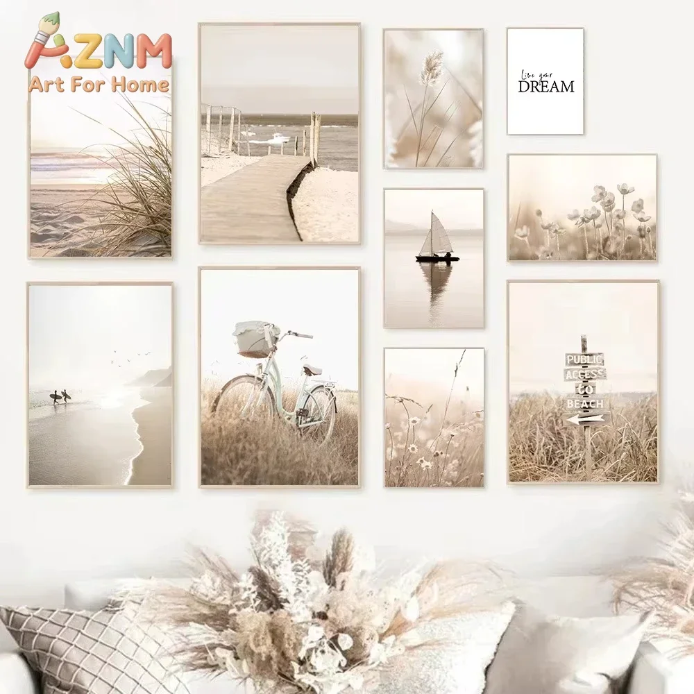 AZNM Beige Coastal Beach Canvas Wall Art Seaside Bike Sailboat Dried Grass Ocean Scenery Inspirational Quote Neutral Tone Living
