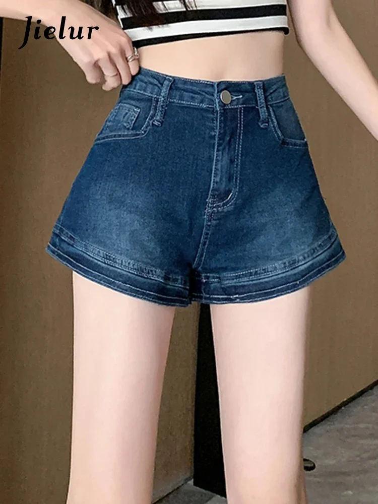 

Jielur Summer Vintage Straight Slim Jeans Blue High Waist Washed Sexy Women's Denim Shorts Chic Casual Fashion Female Streetwear