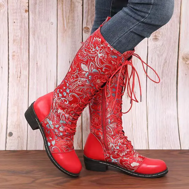 New Leac Up Embroidery Flowers Knee High Boots Women Ethnic Retro Chunky Heel Large Size Knight Boots 2022 Autumn Botas De Mujer