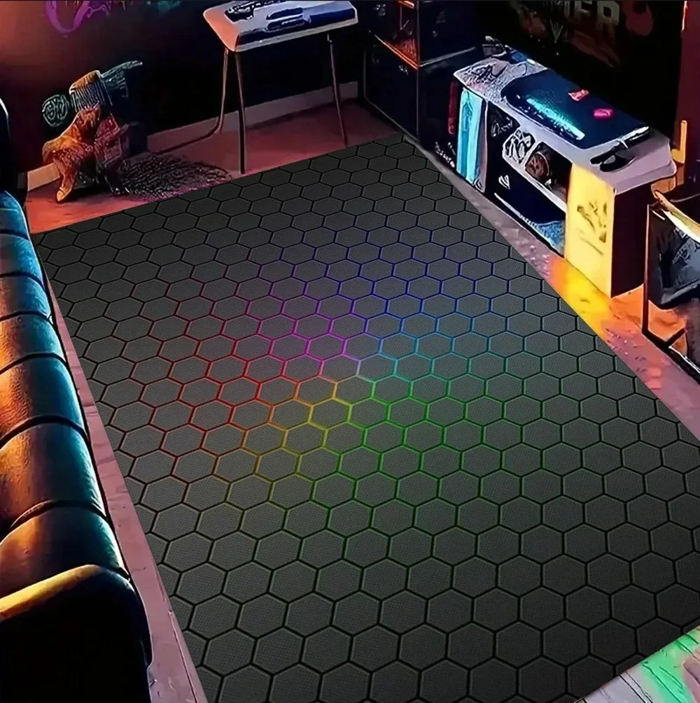 Vibrant Dark‑Tone Hexagon Game Rug Glowing Rainbow Honeycomb Grid Pattern Teen Game Room Playroom Bedroom Decor Floor Doormat