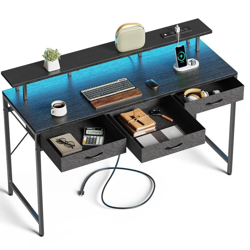 Huuger 55 inch Computer Desk with 3 Drawers, Office Desk Gaming Desk with LED Storage Space for Bedroom, Work from Home